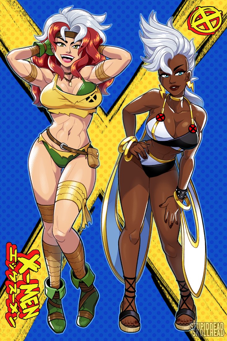 2girls abs adapted_costume armor bikini bikini_under_clothes breasts brown_eyes brown_hair curvy dark-skinned_female dark_skin datskelebutt earrings full_body green_bikini hand_in_own_hair hand_on_own_hip jewelry large_breasts lightning_bolt_earrings lightning_bolt_symbol lipstick looking_at_viewer makeup marvel mike_luckas multicolored_bikini multiple_girls parted_lips shoulder_armor storm_(x-men) swimsuit two-tone_bikini white_bikini white_hair x-men x-men:_the_animated_series x-men_&#039;97