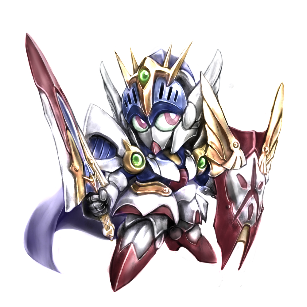 alternate_universe cape chibi colored_sclera commentary_request ecole_du_ciel green_sclera gundam helmet holding holding_shield holding_sword holding_weapon knight le_cygne mayata mecha mobile_suit no_humans red_eyes robot sd_gundam shield solo sword weapon white_background