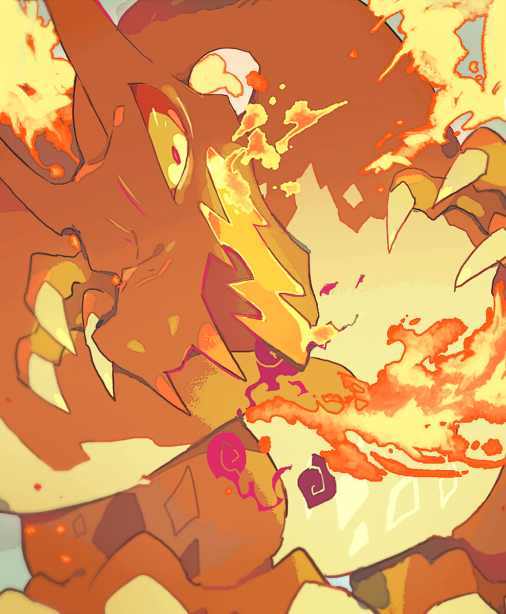akadako animal_focus bags_under_eyes breath_weapon breathing_fire charizard claws colored_sclera dragon fangs fire flame-tipped_tail gen_1_pokemon gigantamax gigantamax_charizard highres looking_to_the_side nintendo no_humans one-hour_drawing_challenge open_mouth orange_theme pokemon pokemon_(creature) red_sclera sharp_teeth smoke solo standing teeth yellow_eyes