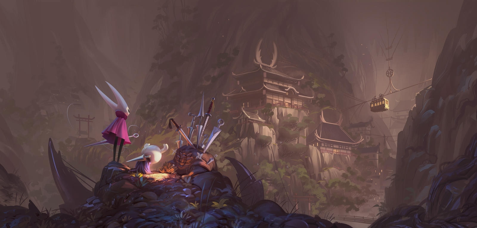 black_cloak bottle cape cloak cornifer feathers from_behind grave highres hollow_knight hornet_(hollow_knight) knight_(hollow_knight) long_nose map mushroom nail_(hollow_knight) nature needle_(hollow_knight) no_humans pot red_cloak rock scroll signature sitting source_request spikes sunlight tree vincentbisschop water weapon weapons
