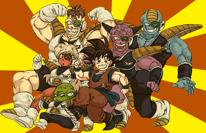 6+boys :o ^^^ ^_^ armor arms_at_sides bad_id bad_pixiv_id black_eyes black_hair boots burter captain_ginyu clenched_hands clenched_teeth closed_eyes dougi dragon_ball dragonball_z full_body grin guldo happy height_difference horns jeice looking_at_viewer male_focus multiple_boys nitako recoome red_background scouter short_hair smile son_goku spiked_hair striped_background teeth two-tone_background vertical_stripes wristband yellow_background