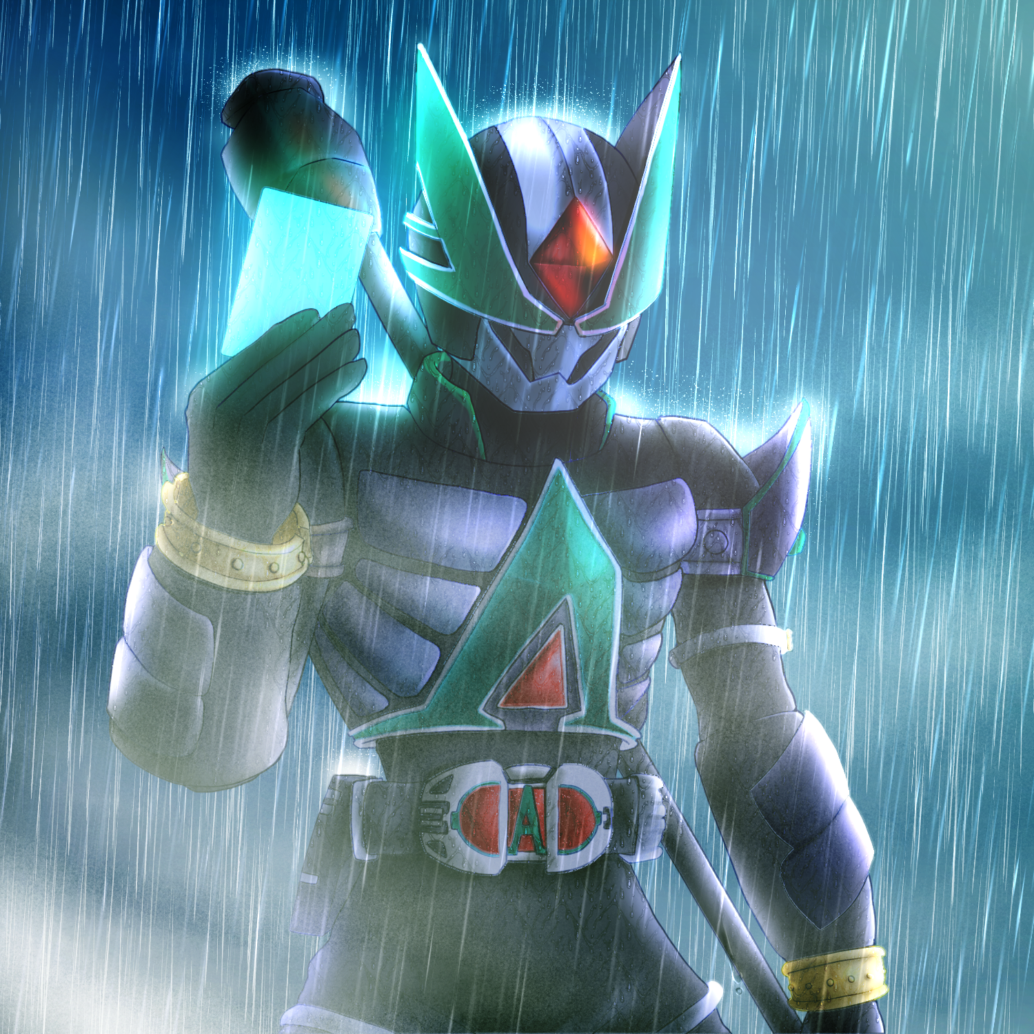 1boy artist_request black_bodysuit bodysuit card commentary compound_eyes highres holding holding_card holding_polearm holding_weapon kamen_rider kamen_rider_blade:_missing_ace kamen_rider_blade_(series) kamen_rider_lance lance_buckle lance_rouzer male_focus multicolored_armor outdoors polearm rain rider_belt rouse_card standing upper_body weapon
