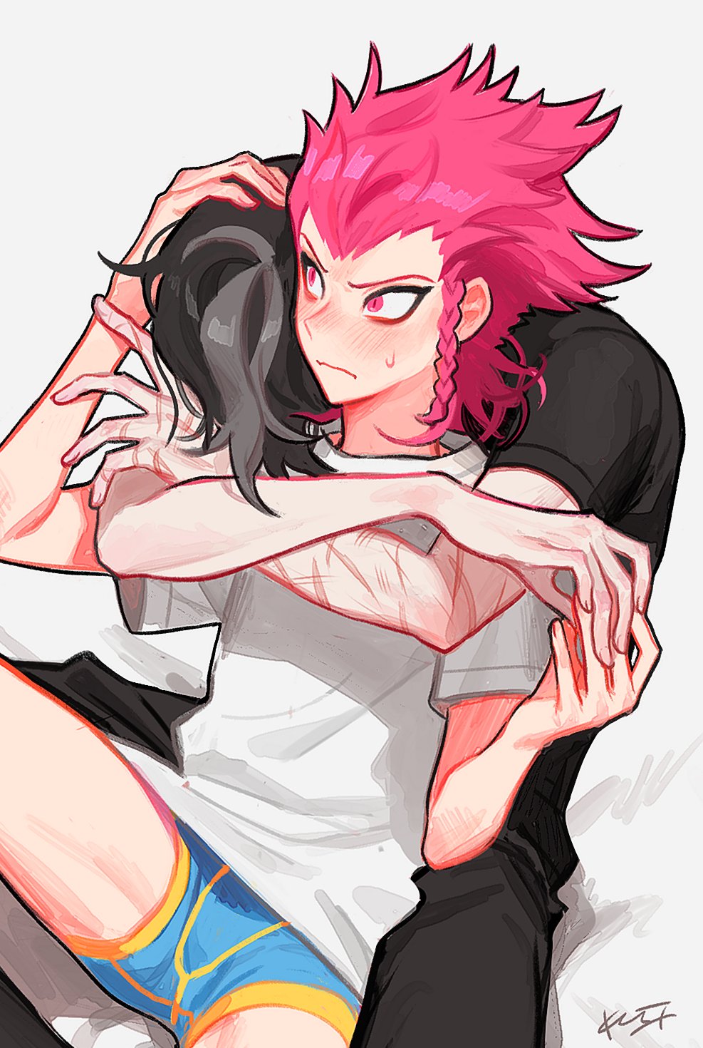 2boys arm_up arms_around_neck black_hair black_pants black_shirt blush braid closed_mouth commentary_request couple danganronpa_(series) danganronpa_2:_goodbye_despair gimmogi_kimumogi grey_hair hair_behind_ear hair_slicked_back hand_on_another&#039;s_head highres hug hug_from_behind looking_at_another looking_to_the_side male_focus male_underwear medium_hair multicolored_hair multiple_boys multiple_scars pants pink_eyes pink_hair scar scar_on_arm shirt side_braid signature simple_background single_braid soda_kazuichi streaked_hair sweat sweatdrop t-shirt tanaka_gundham underwear white_background white_shirt widow&#039;s_peak yaoi