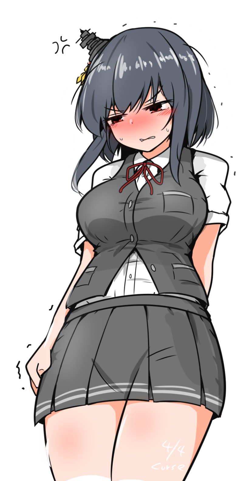 1girl bike_shorts black_hair black_vest breasts cosplay curse_(023) embarrassed gloves hair_ornament highres kagerou_(kancolle) kagerou_(kancolle)_(cosplay) kantai_collection large_breasts neck_ribbon pleated_skirt red_eyes ribbon school_uniform shirt short_hair short_sleeves skirt smile solo sweatdrop vest white_gloves white_shirt yamashiro_(kancolle)