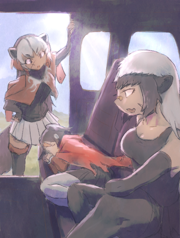 3girls animal_ears arm_rest arm_up badger_ears badger_tail bandaid bandaid_on_face bandaid_on_nose black_hair boots brown_hair camisole closed_eyes day elbow_gloves facial_scar fang fingerless_gloves fur_trim gloves greater_honeyguide_(kemono_friends) grey_hair hand_on_own_hip jacket jacket_on_shoulders kemono_friends leaning_forward pantyhose_under_shorts long_hair looking_at_another lying multicolored_hair multiple_girls on_side orange_hair pantyhose ratel_(kemono_friends) scar scar_on_cheek scar_on_face shorts shuushuusha sitting skin_fang skirt smile standing tail tan thigh_boots thighhighs two-tone_hair wolverine_(kemono_friends) zettai_ryouiki
