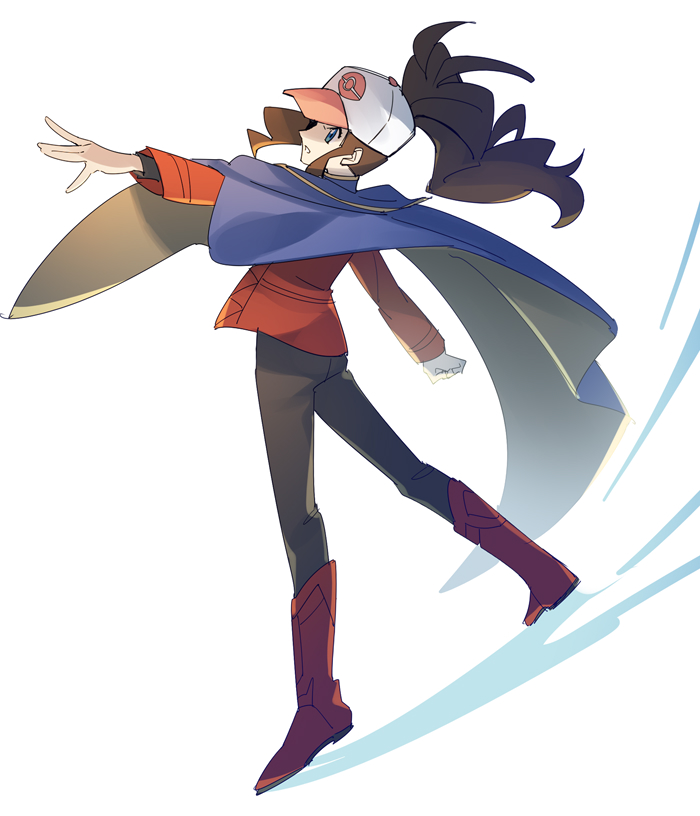 1girl adapted_costume alternate_costume baseball_cap black_shirt blue_eyes boots brown_hair brown_pants clenched_hand commentary_request cosplay full_body hat high_ponytail hilda_(pokemon) jacket lance_(pokemon) lance_(pokemon)_(cosplay) legs_apart long_hair long_sleeves looking_to_the_side momoji_(lobolobo2010) nintendo orange_boots orange_jacket outstretched_arm pants parted_lips pokemon pokemon_bw pokemon_lgpe ponytail shirt sidelocks solo standing white_background