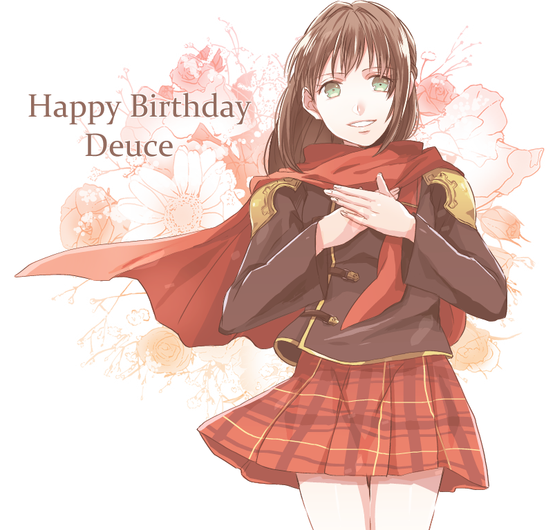 1girl brown_hair cape character_name daisy_(flower) deuce_(fft-0) female_focus final_fantasy final_fantasy_type-0 flower green_eyes happy_birthday kino_(o2ban0) long_hair miniskirt plaid_clothes plaid_skirt pleated_skirt school_uniform simple_background skirt solo teeth white_background