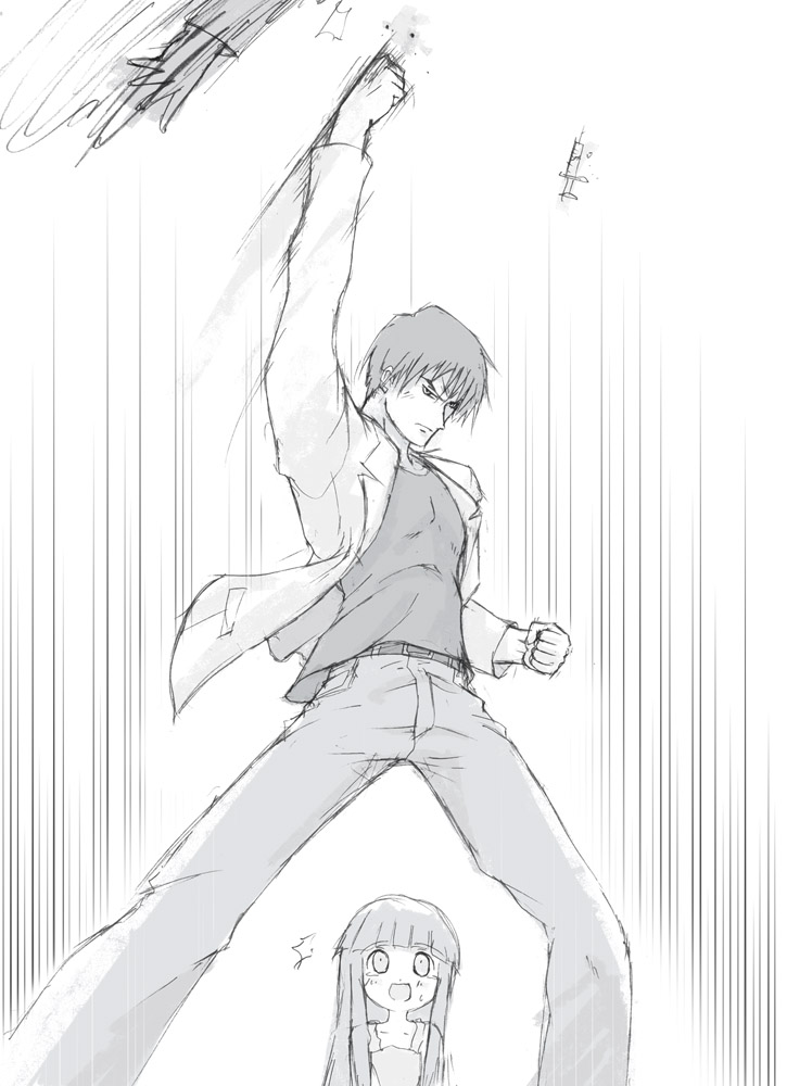 00s 1boy 1girl :o ^^^ akasaka_mamoru angry belt blunt_bangs blush child denim egvplus fighting_stance frown furude_rika greyscale higurashi_no_naku_koro_ni jeans long_hair manly matsuribayashi-hen midorigi_mura monochrome motion_lines open_clothes open_mouth open_shirt pants punching shirt short_hair sketch speed_lines standing surprised syringe tareme tears tsurime