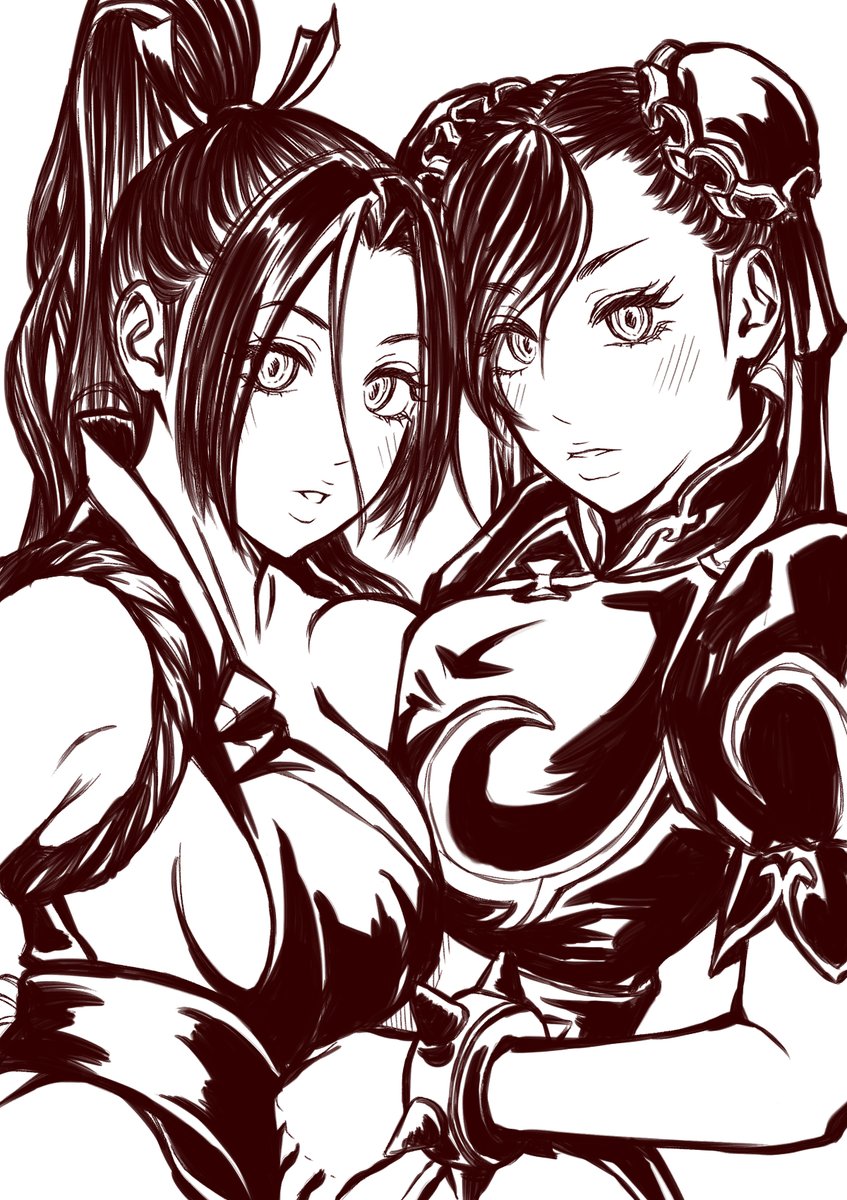 blush bracelet breast_press breasts capcom chun-li cleavage delarocha82 double_bun hair_bun high_collar highres jewelry large_breasts monochrome ninja ponytail pursed_lips shiranui_mai simple_background spiked_bracelet spikes standing street_fighter symmetrical_docking the_king_of_fighters
