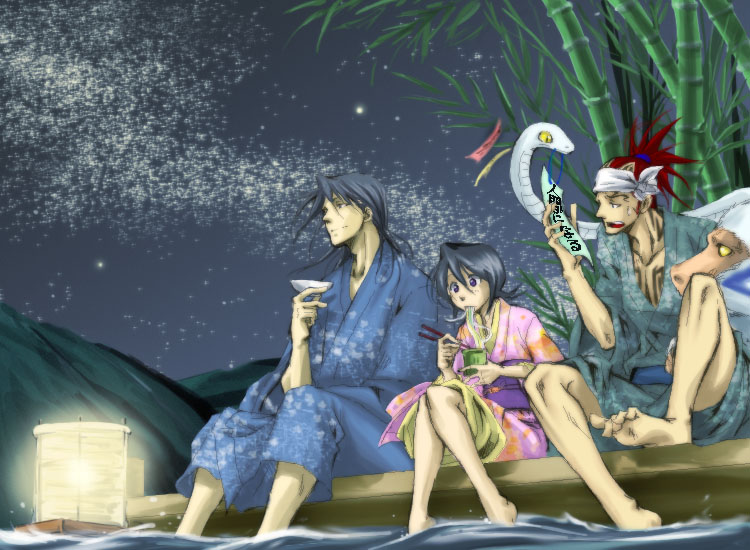 1girl 2boys abarai_renji bad_id bad_pixiv_id bamboo barefoot black_eyes black_hair bleach brother_and_sister chopsticks eating food japanese_clothes kimono kuchiki_byakuya kuchiki_rukia multiple_boys noodles red_hair siblings sitting snake soaking_feet star_(symbol) tokoma_makoto translation_request water yellow_eyes zabimaru
