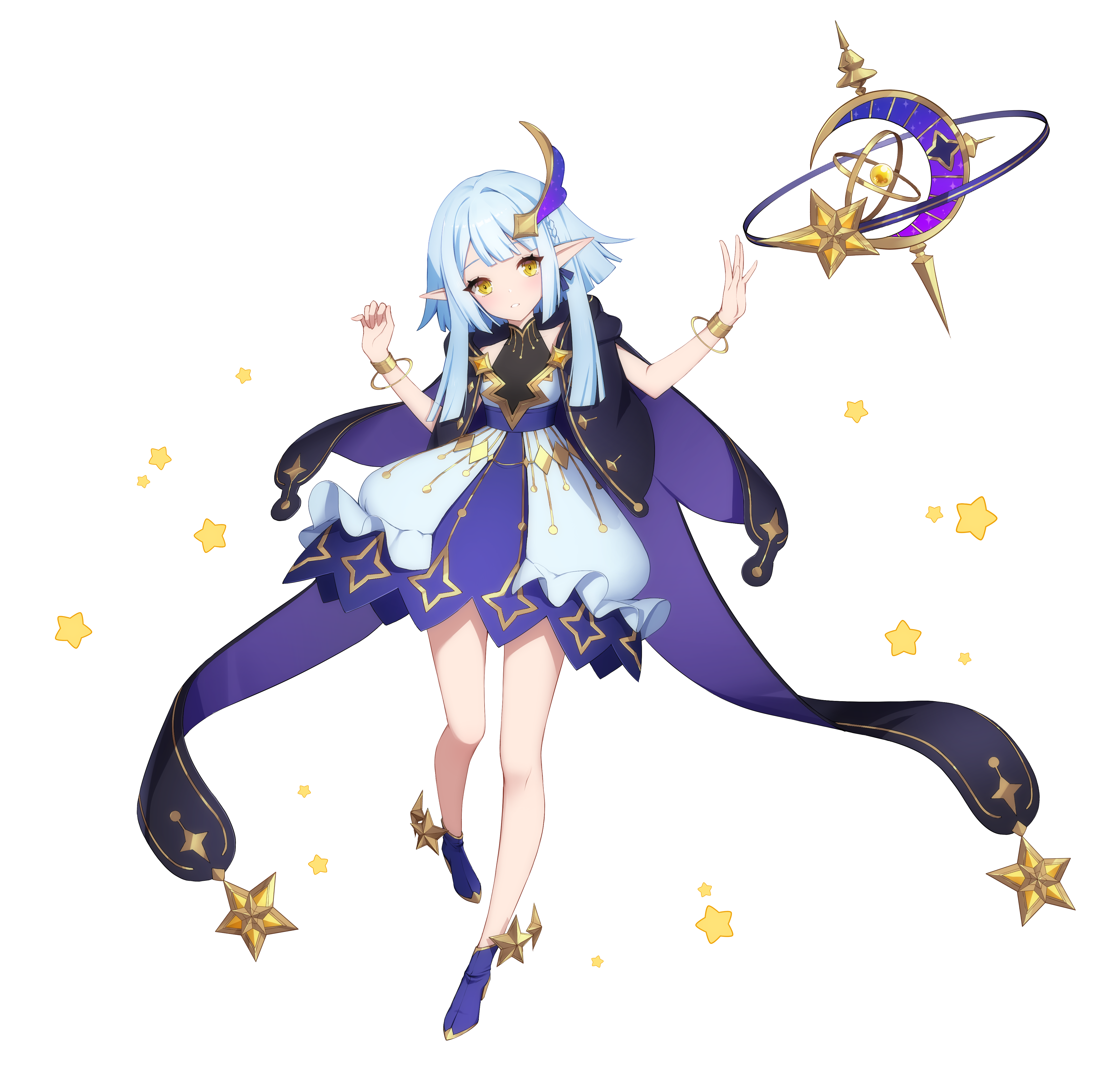 1girl absurdres bare_arms bare_legs bare_shoulders blue_cloak blue_dress blue_footwear blue_hair blunt_bangs blunt_ends blush bracelet cloak crescent dress eversoul frilled_skirt frills full_body game_cg hair_ornament highres jewelry looking_to_the_side official_art orb parted_lips pointy_ears ribbon short_hair skirt sleeveless sleeveless_dress solo star_(symbol) tachi-e talia_(eversoul) transparent_background turtleneck turtleneck_dress two-tone_dress yellow_eyes