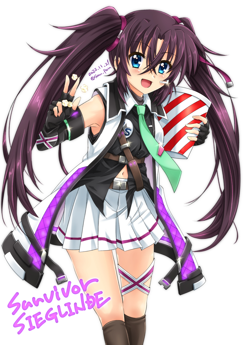 1girl artist_name black_gloves blue_eyes blush breasts brown_hair dated elbow_gloves fingerless_gloves food gloves hair_ribbon highres long_hair looking_at_viewer lyrical_nanoha lyrical_store mahou_shoujo_lyrical_nanoha_vivid miniskirt navel open_mouth popcorn ribbon san-pon sieglinde_eremiah simple_background skirt small_breasts smile solo vivid_strike! white_background white_skirt
