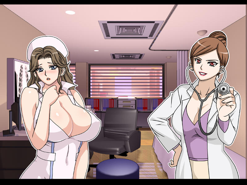 2girls aizawa_mifuyu bed black_hair blue_eyes breasts brown_hair chair cleavage desk gaden hair_bun indoors large_breasts long_hair looking_at_viewer multiple_girls no_bra nurse open_mouth red_eyes shiny_skin shy single_hair_bun skirt smile sweat x-ray_film