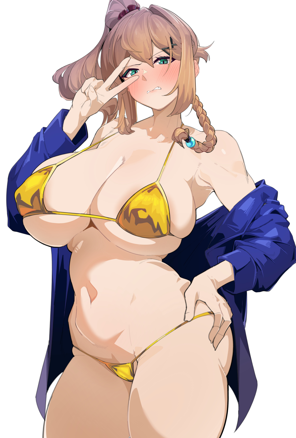 1girl alternate_costume aqua_eyes areola_slip armpits asymmetrical_hair bikini blue_jacket blush braid breasts cleavage clenched_teeth commentary cowboy_shot curvy double-parted_bangs furrowed_brow gold_bikini hair_ornament hair_scrunchie hand_on_own_hip highres jacket karja_balta large_breasts large_pasta looking_at_viewer medium_hair micro_bikini navel off_shoulder open_clothes open_jacket parted_lips purple_scrunchie scrunchie side_braid side_ponytail sidelocks simple_background single_braid single_hair_intake skindentation solo standing stomach string_bikini swimsuit teeth v v_over_eye white_background ys ys_x:_nordics