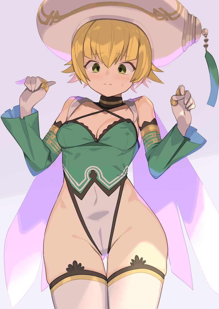 .hack// .hack//g.u. 1girl atoli_(.hack//) bare_shoulders blonde_hair blush breasts closed_mouth commentary_request commission criss-cross_halter detached_sleeves gloves gluteal_fold green_eyes groin halterneck hands_up highleg highleg_leotard highres jewelry leotard long_sleeves medium_breasts multiple_rings ring short_hair skeb_commission solo spring2013 thigh_gap thighhighs white_gloves white_headwear white_thighhighs