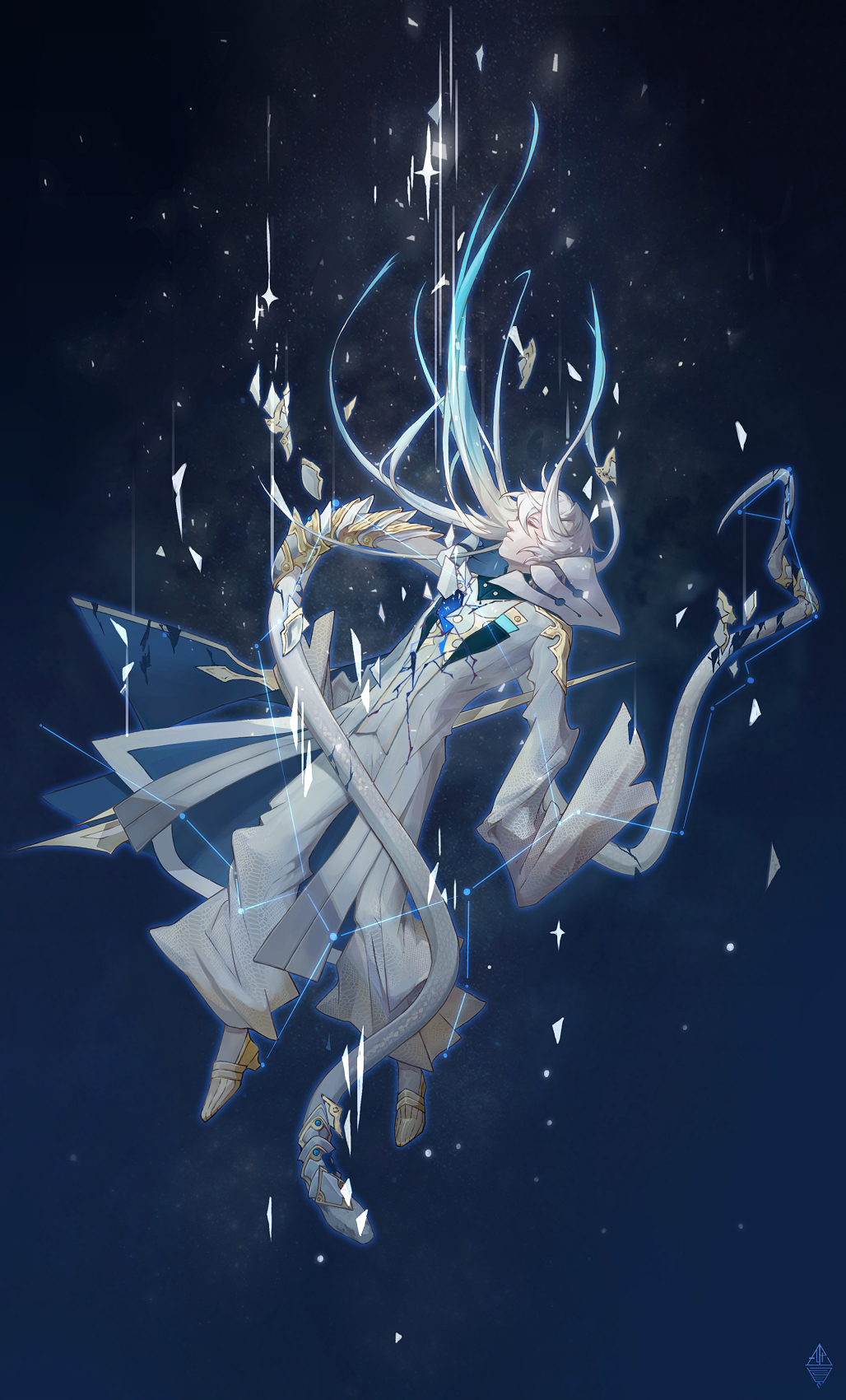 1boy asclepius_(fate) bell-bottoms blue_hair closed_eyes closed_mouth coat constellation crack falling fate/grand_order fate_(series) full_body gradient_hair hair_between_eyes highres hood hood_down hooded_coat long_sleeves male_focus multicolored_hair ophiuchus_(constellation) pants profile shards shirt shoes short_hair_with_long_locks sky sleeves_past_fingers sleeves_past_wrists snake solo star_(sky) starry_sky thedaw0 white_coat white_hair white_pants white_shirt white_snake yellow_shoes