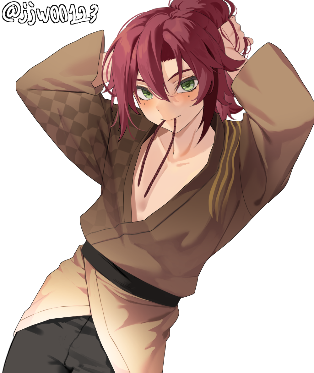 1boy adjusting_hair alternate_costume arms_up artist_name blush checkered_clothes checkered_kimono commentary g1_(jjw00123) genshin_impact green_eyes japanese_clothes kimono long_sleeves looking_at_viewer male_focus mole mole_under_each_eye mole_under_eye multiple_moles paid_reward_available sash shikanoin_heizou simple_background solo standing twitter_username white_background
