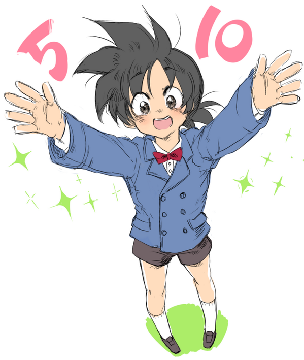 1boy bad_id bad_pixiv_id black_eyes black_footwear black_hair black_shorts blue_jacket dragon_ball dragon_ball_z_kami_to_kami dragonball_z full_body hano_(hanos91) jacket long_sleeves looking_at_viewer looking_up male_focus necktie number_pun open_mouth outstretched_arms shirt short_hair shorts simple_background socks solo son_goten sparkle spiked_hair white_background white_shirt