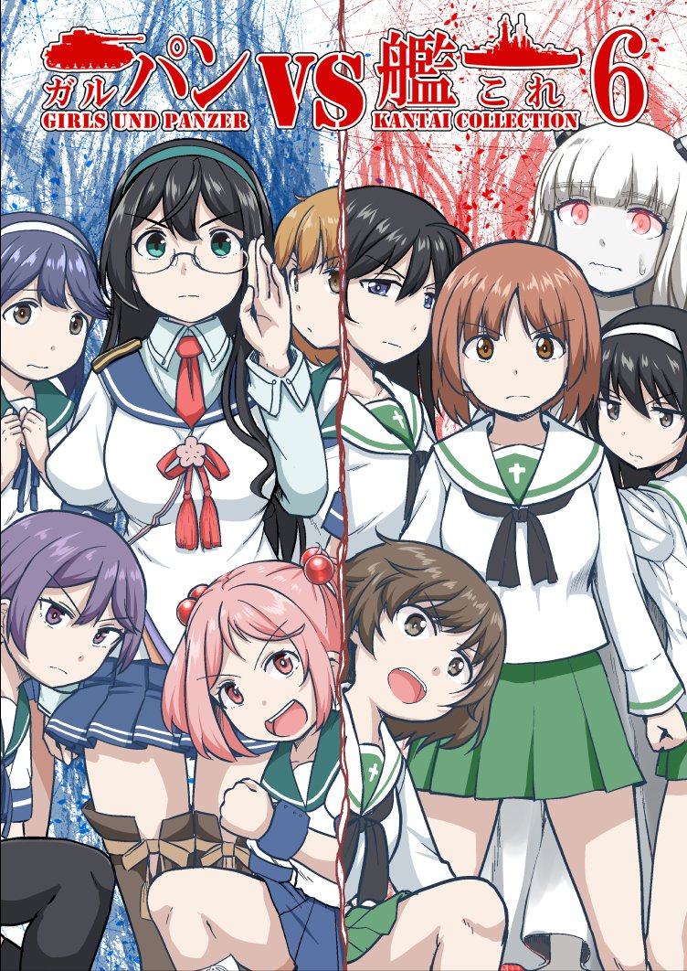 6+girls akebono_(kancolle) akebono_kai_(kancolle) akiyama_yukari black_hair black_neckerchief black_thighhighs blue_sailor_collar blue_skirt brown_eyes brown_hair colored_skin commentary_request crossover demon_horns feet_out_of_frame girls_und_panzer glasses green_skirt hair_bobbles hair_ornament hairband horns isuzu_hana kantai_collection long_hair mimofu_(fullhighkick) multiple_girls neckerchief nishizumi_miho oboro_(kancolle) ooarai_school_uniform ooyodo_(kancolle) pink_hair pleated_skirt purple_eyes red_eyes reizei_mako sailor_collar sazanami_(kancolle) sazanami_kai_(kancolle) school_uniform serafuku short_hair skirt standing takebe_saori thighhighs twintails ushio_(kancolle) ushio_kai_ni_(kancolle) white_hair white_hairband white_sailor_collar white_skin