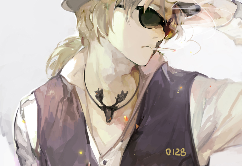 1boy axis_powers_hetalia blonde_hair blue_vest buttons character_request cigarette closed_mouth collared_shirt commentary_request dated embers hand_on_headwear hat holding holding_cigarette jewelry light_frown long_hair long_sleeves looking_at_viewer low_ponytail male_focus mouth_hold necklace nineo ponytail shirt short_ponytail simple_background smoke smoking solo sunglasses upper_body vest white_background white_hat white_shirt white_sleeves