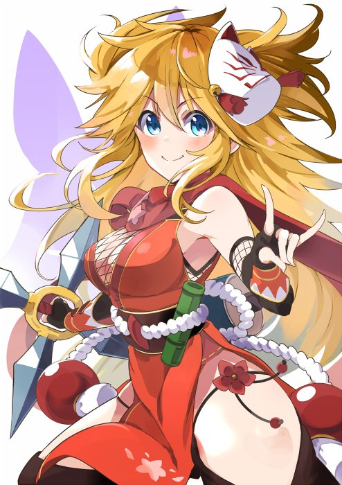 &gt;:) 1girl bare_shoulders black_gloves black_thighhighs blonde_hair blue_eyes breasts cleavage closed_mouth commentary cowboy_shot dress fingerless_gloves fishnet_top fishnets fox_mask fox_shadow_puppet gloves holding holding_weapon ito_ryo looking_at_viewer mask mask_on_head medium_breasts ninon_(oedo)_(princess_connect!) ninon_(princess_connect!) official_alternate_costume pelvic_curtain princess_connect! red_dress side_slit sleeveless sleeveless_dress smile solo split_mouth thighhighs two_side_up v-shaped_eyebrows weapon