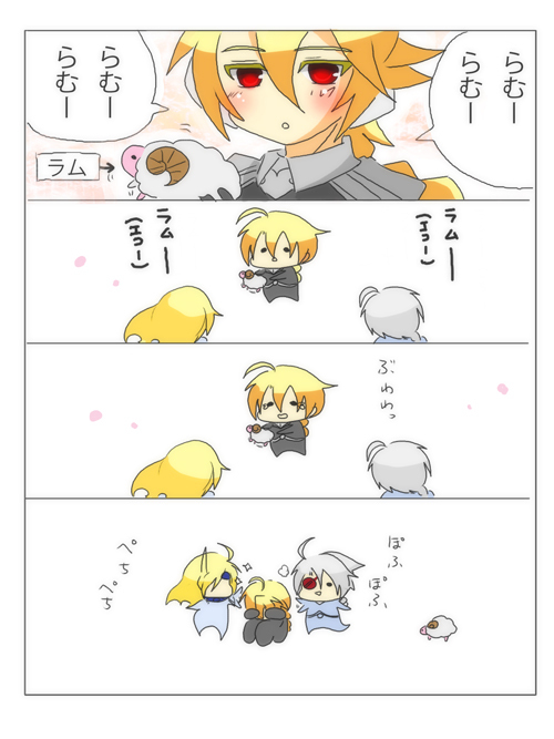 3girls 4koma ahoge arc_system_works blazblue blonde_hair blush chibi comforting comic crying image_sample lamb lambda-11 mu-12 multiple_girls name_connection nu-13 pixiv_sample pun red_eyes sheep silver_hair tears translation_request