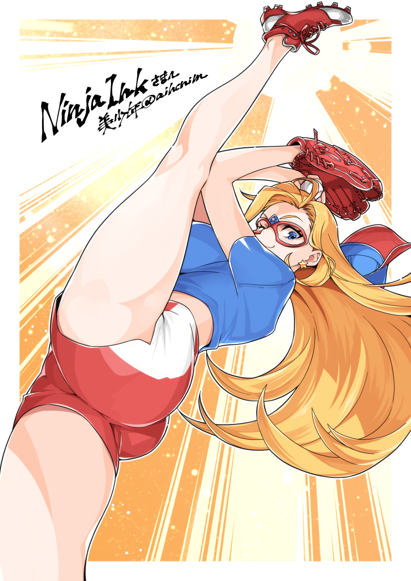 kamen america　hentai minchia, kamen america, kamen america (comic), commission, skeb commission,  1girl, alternate costume, ass, bare legs, baseball, baseball cap, baseball  glove, baseball uniform, blonde hair, blue eyes, breasts, cleats, closed  mouth, cowboy shot,