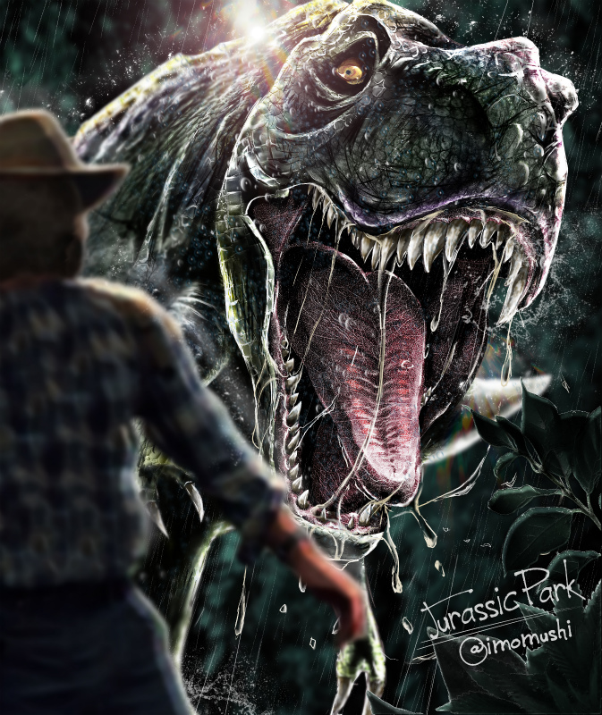 1boy alan_grant artist_name blurry blurry_foreground claws colored_sclera copyright_name depth_of_field dinosaur drooling hat imomushi_(pixiv_9001433) jurassic_park looking_at_another open_mouth outdoors pants plaid_clothes plaid_shirt rain rexy_(jurassic_park) sharp_teeth shirt size_difference solo_focus standing teeth tongue twitter_username tyrannosaurus_rex water wet yellow_eyes yellow_sclera