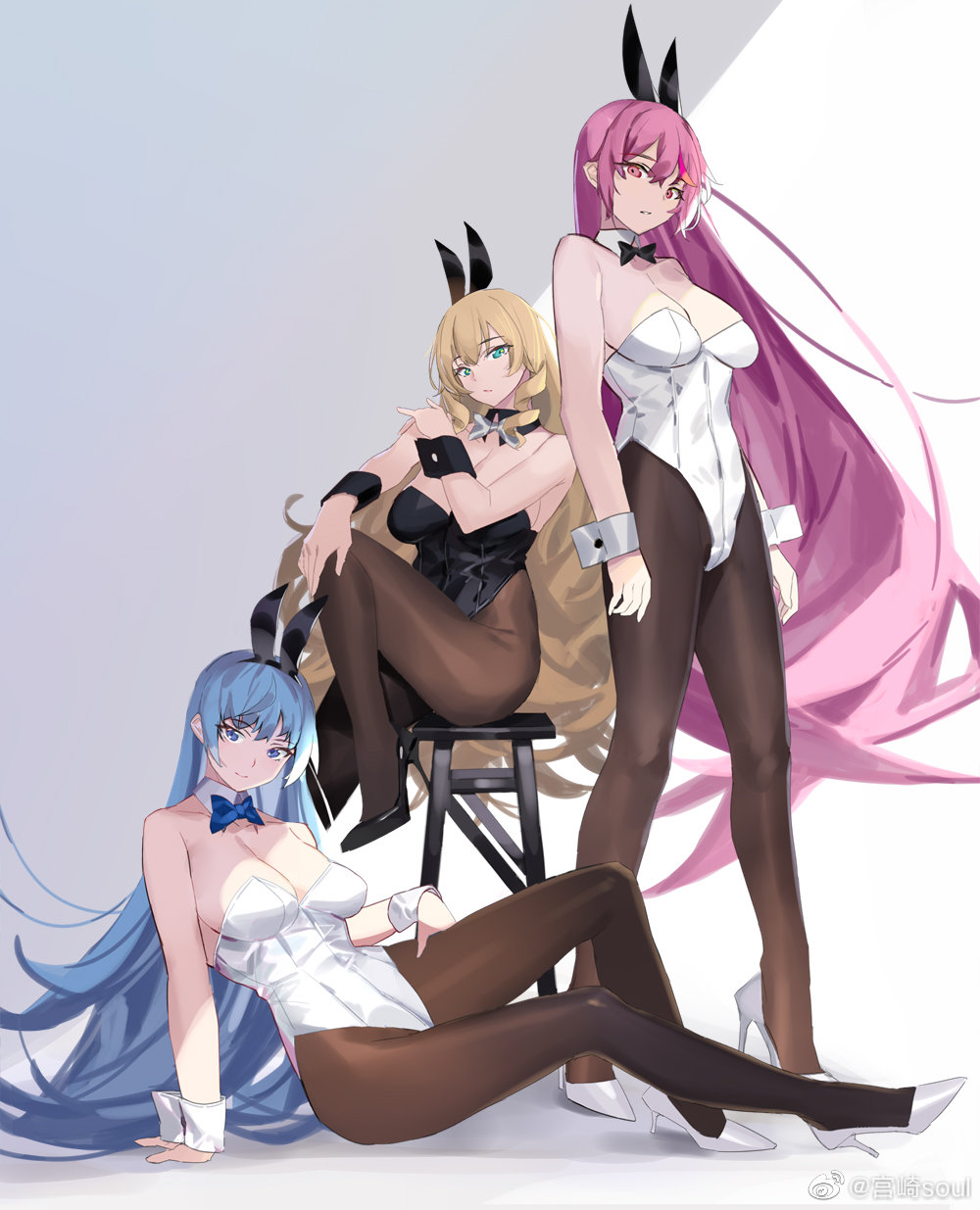 3girls animal_ears aqua_eyes bar_stool black_bow black_bowtie black_collar black_footwear black_leotard black_wrist_cuffs blonde_hair blue_bow blue_bowtie blue_eyes blue_hair bow bowtie breasts brown_pantyhose character_request choppy_bangs cleavage collar detached_sleeves double-parted_bangs drill_hair drill_sidelocks fake_animal_ears full_body hand_on_knees high_heels highres large_breasts leotard long_hair looking_at_viewer miyazakisoul multiple_girls pantyhose parted_lips pink_hair playboy_bunny pointy_ears rabbit_ears red_eyes shadow sidelocks sitting sketch standing stiletto_heels stool very_long_hair warship_girls_r white_background white_collar white_footwear white_leotard white_wrist_cuffs wrist_cuffs