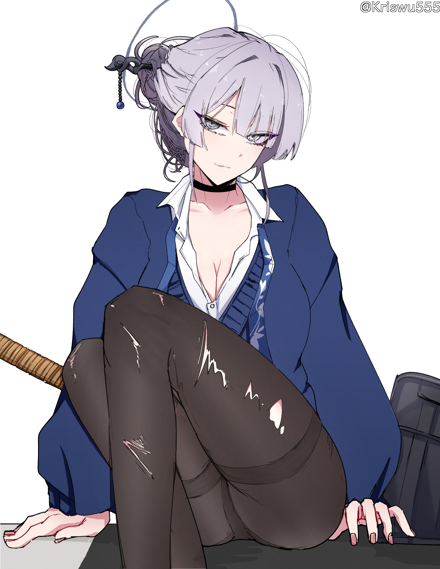 1girl black_pantyhose blue_jacket breasts cleavage feet_out_of_frame grey_eyes halo highres itokonoue_kaoru jacket large_breasts looking_at_viewer pantyhose project_kv sitting smile solo thick_thighs thighs untied_ribbon white_background white_hair wuwuwu_(kriswu555)