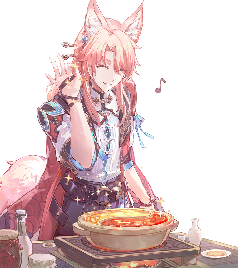 1boy animal_ear_fluff animal_ears bead_bracelet beads black_pants bottle bracelet chinese_clothes closed_eyes coat commentary_request csyday fox_boy fox_ears fox_tail hair_between_eyes hair_ornament honkai:_star_rail honkai_(series) hotpot jewelry jiaoqiu_(honkai:_star_rail) male_focus meme musical_note pants parted_bangs pink_hair pink_tail plate red_coat salt_bae_(meme) shirt signature simple_background smile solo table tail teeth white_background white_shirt