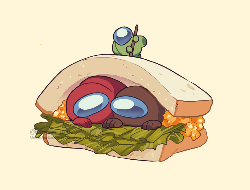 3others ambiguous_gender among_us bread bread_slice brown_(among_us) disembodied_hand food food_focus green_(among_us) helmet in_food kiman lettuce lime_(among_us) mini_crewmate_(among_us) multiple_others sandwich simple_background space_helmet spacesuit toothpick twitter_username watermark
