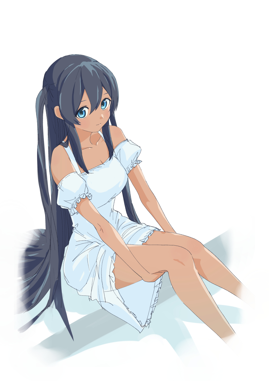 1girl bare_shoulders black_hair blue_eyes breasts captain_earth closed_mouth commentary_request dark-skinned_female dark_skin dress highres hugging_own_legs long_hair looking_at_viewer makimaki medium_breasts mutou_hana sitting smile solo very_long_hair white_dress
