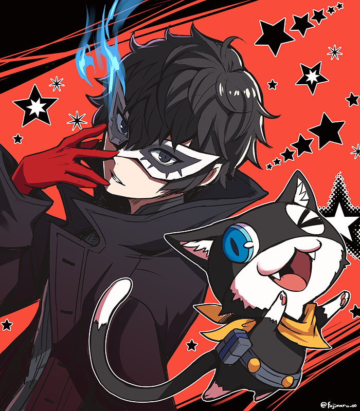 2boys amamiya_ren animal animal_hands belt black_coat black_eyes black_hair blue_eyes blue_fire cat coat fire fujimaru_(green_sparrow) full_body gloves hair_between_eyes high_collar male_focus mask morgana_(persona_5) multiple_boys one_eye_closed orange_background persona persona_5 red_gloves short_hair star_(symbol) tail upper_body wink yellow_neckwear