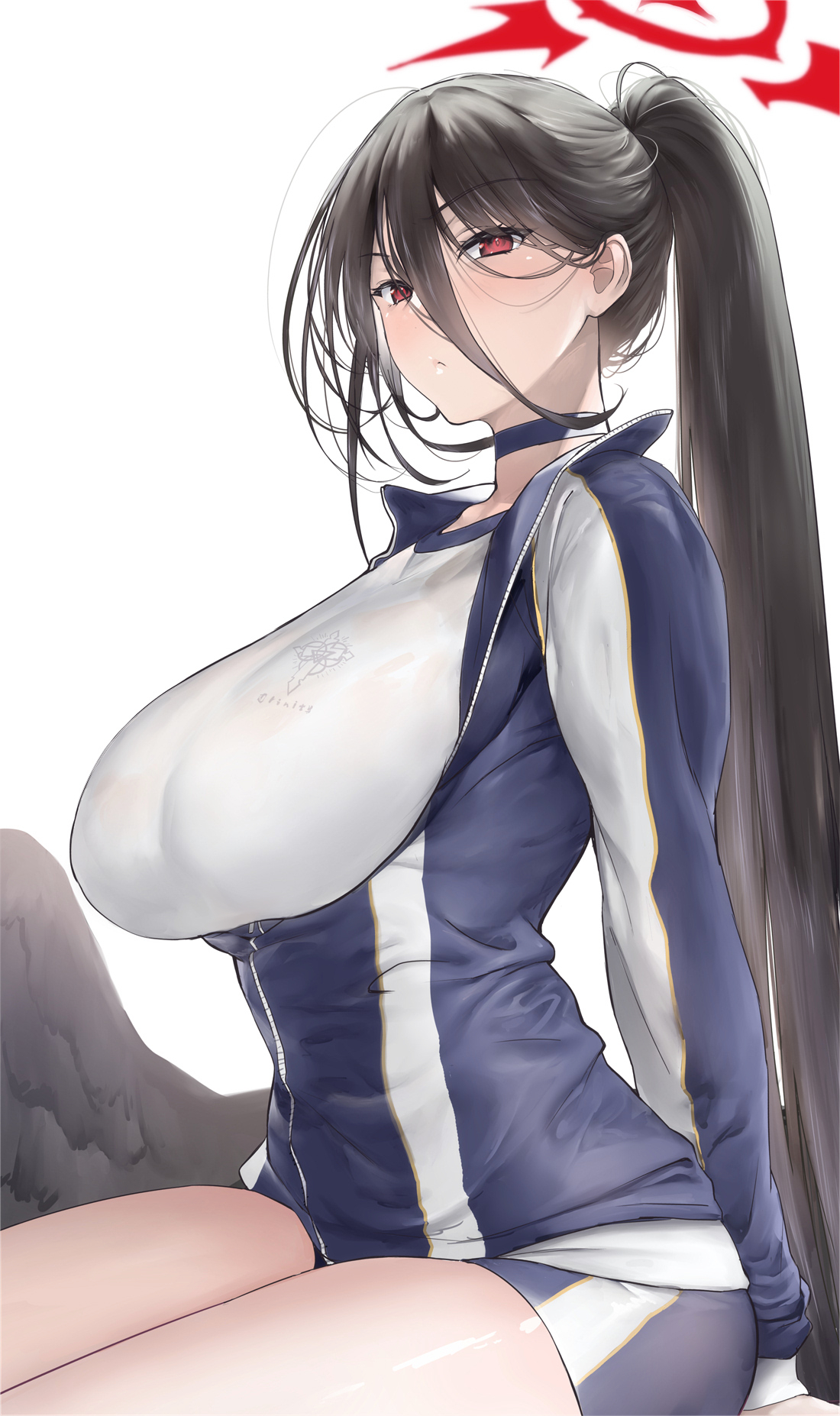 1girl black_hair black_wings blue_archive blue_jacket blue_shorts blush breasts choker collarbone feathered_wings hair_between_eyes halo hasumi_(blue_archive) hasumi_(track)_(blue_archive) high_ponytail highres jacket large_breasts long_hair long_sleeves looking_at_viewer low_wings mole mole_under_eye ponytail red_eyes shino_(comic_penguin_club) shirt short_shorts shorts sitting solo thighs very_long_hair white_shirt wings