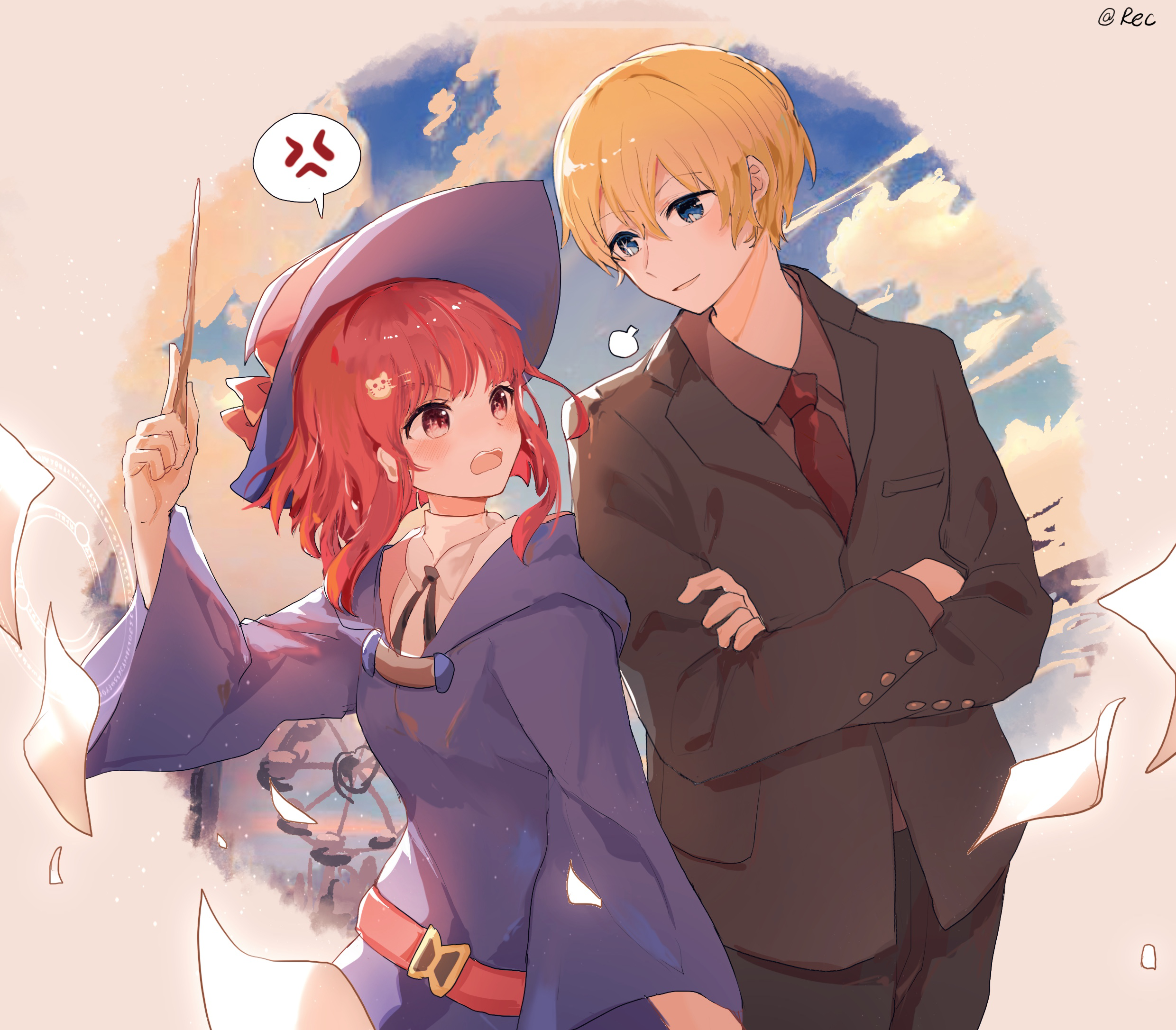 1boy 1girl akirarec arima_kana black_pants blonde_hair blue_eyes brown_jacket cosplay crossed_arms crossover d: eye_contact hair_between_eyes han_megumi hat highres hoshino_aquamarine jacket little_witch_academia looking_at_another luna_nova_school_uniform open_mouth oshi_no_ko pants red_eyes red_hair school_uniform short_hair sky smile teeth upper_teeth_only voice_actor_connection wand witch witch_hat