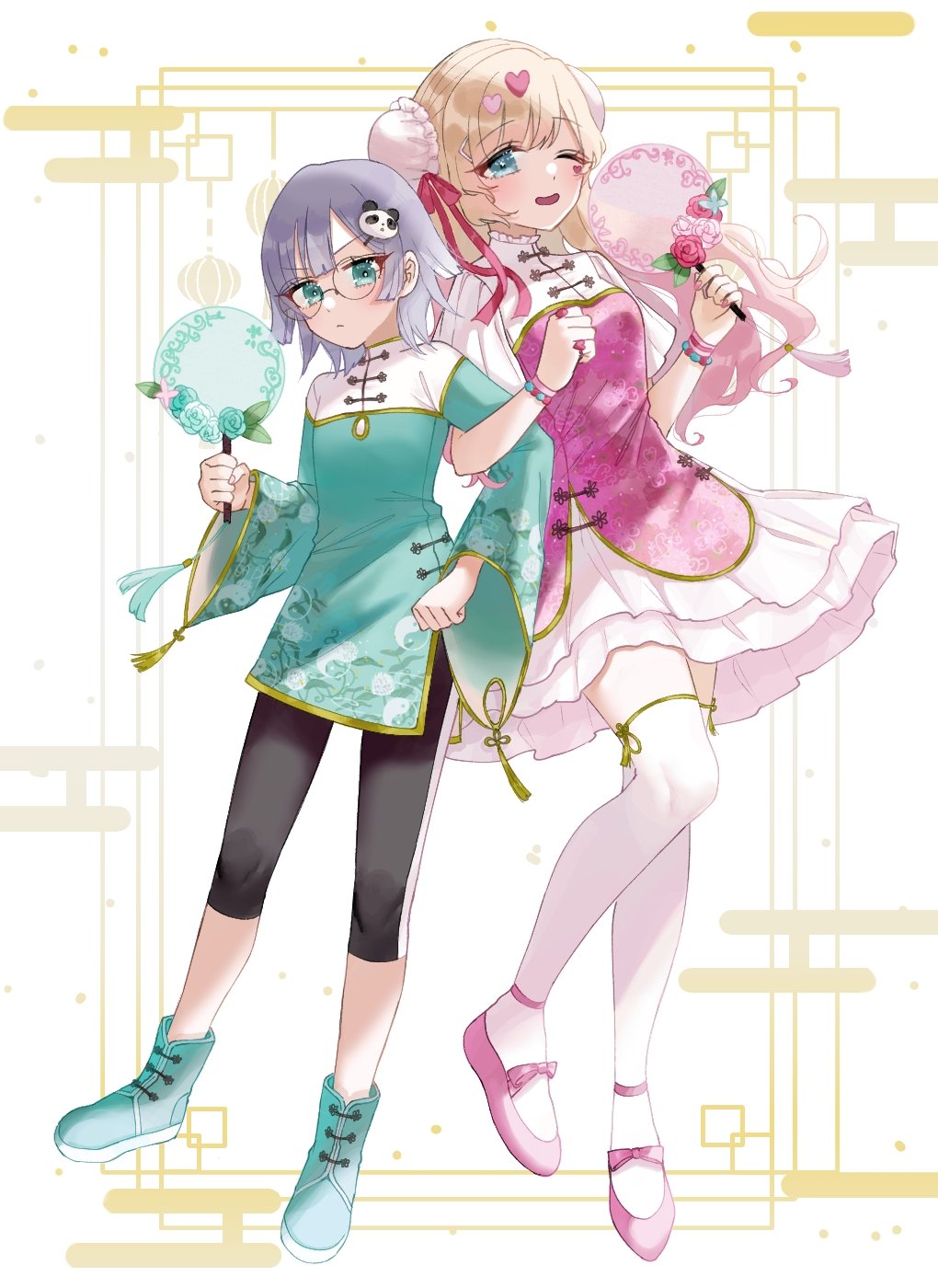 2girls ;d alternate_costume alternate_hairstyle awahuji_miyuki blonde_hair blue_boots blue_eyes boots bracelet bun_cover china_dress chinese_clothes commentary double_bun dress facial_mark full_body glasses gradient_hair green_eyes grey_hair hair_bun hair_ornament hair_ribbon heart heart_facial_mark heart_hair_ornament hifumi_suu highres jewelry kedarui_aashii kimi_no_koto_ga_dai_dai_dai_dai_daisuki_na_100-nin_no_kanojo locked_arms long_hair long_sleeves looking_at_viewer mark_under_eye multicolored_hair multiple_girls one_eye_closed open_mouth panda_hair_ornament pink_hair pink_shoes red_ribbon ribbon ring round_eyewear shoes short_hair simple_background smile thighhighs white_thighhighs wide_sleeves