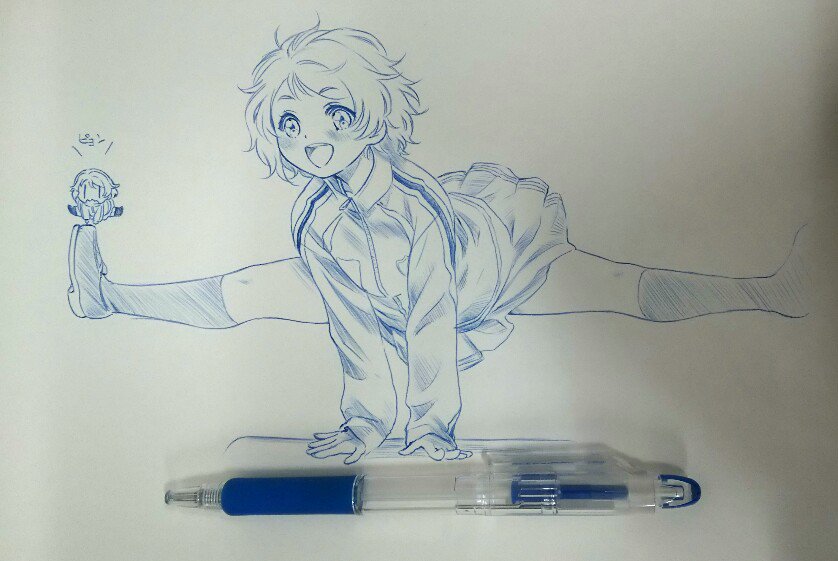 1girl chibi drawing_(object) ink jacket loafers long_sleeves love_live! love_live!_sunshine!! paper pen photo_(medium) real_life shoes short_hair sketch skirt solo thighs watanabe_you