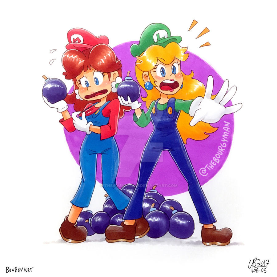 2girls blonde_hair blue_eyes bomb breasts brown_hair cosplay crossdressing earrings explosive flower_earrings full_body gloves hat jewelry lipstick long_hair luigi luigi_(cosplay) makeup mario mario_(cosplay) mario_(series) multiple_girls nervous nintendo overalls princess_daisy princess_peach serious small_breasts standing the_super_mario_adventures thebourgyman