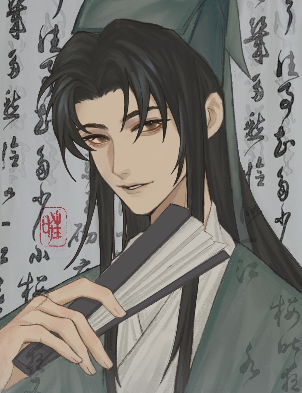 1boy aqua_hanfu aqua_hat bishounen black_hair brown_eyes calligraphy chinese_clothes chinese_commentary chinese_text dao_gui_yi_xian eyelashes folded_fan folding_fan grey_background hand_fan hand_up hanfu hat hat_ribbon highres holding holding_fan jin_(headwear) kanokava long_hair long_sleeves looking_at_viewer male_focus paper_fan parted_bangs parted_lips portrait ribbon seal_impression sidelocks smile solo upper_body zhouzi_jin_(headwear) zhuge_yuan