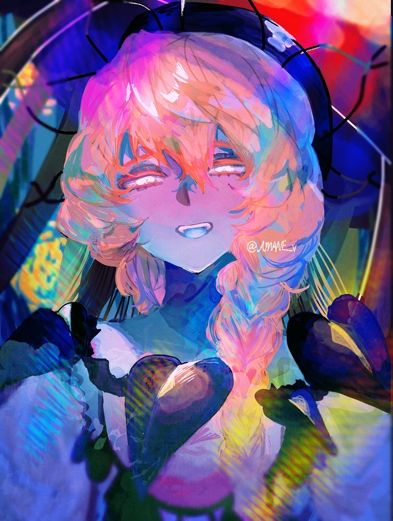 1girl bare_shoulders beret black_dress black_hat blue_skin blue_tongue blurry braid colored_skin colored_tongue colorful depth_of_field dress fate/grand_order fate_(series) hair_between_eyes half-closed_eyes hat head_tilt jellyfish long_hair looking_at_viewer multicolored_background multicolored_hair open_mouth orange_hair portrait shuu_(amane_v) side_braid single_braid smile solo swirl twitter_username van_gogh_(fate) van_gogh_(second_ascension)_(fate) vincent_van_gogh_(style) white_eyes