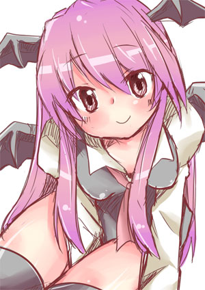 1girl alternate_hair_color altorealize bat_wings blush female_focus head_wings koakuma long_hair looking_at_viewer lowres purple_hair sketch smile solo embodiment_of_scarlet_devil thighhighs touhou wings