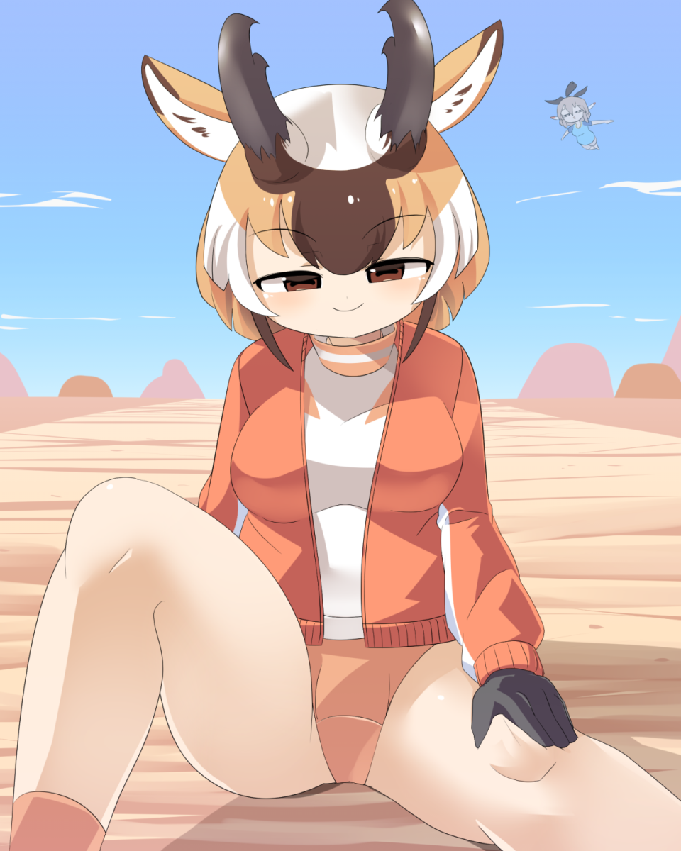 2girls animal_ears black_gloves black_horns blue_shirt blue_sky breasts brown_hair closed_mouth commentary_request day deer_ears deer_girl desert feet_out_of_frame gloves greater_roadrunner_(kemono_friends) grey_background hand_on_own_knee highres horizontal_pupils horns jacket kemono_friends large_breasts lets0020 looking_at_viewer multicolored_hair multiple_girls open_clothes open_jacket orange_jacket orange_panties panties pronghorn_(kemono_friends) raglan_sleeves shirt short_hair sitting sky smile solo_focus underwear white_hair white_shirt