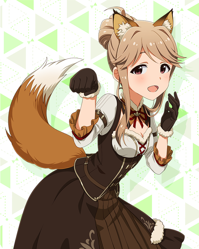 1girl ahoge animal_ear_fluff animal_ears blush bodice breasts brown_dress brown_eyes brown_gloves brown_hair cleavage curtained_hair detached_collar dirndl dot_nose dress fake_animal_ears fox_ears fox_tail frilled_sleeves frills fur-trimmed_collar fur-trimmed_gloves fur_trim german_clothes gloves hair_bun hair_over_shoulder hands_up idolmaster idolmaster_million_live! idolmaster_million_live!_theater_days konkon_comfort_(idolmaster) long_hair looking_at_viewer medium_breasts neck_ribbon official_alternate_costume official_art open_mouth paw_pose ribbon shirt sidelocks single_hair_bun sleeveless sleeveless_dress three-quarter_sleeves solo swept_bangs tail tenkuubashi_tomoka triangle_background underbust white_shirt
