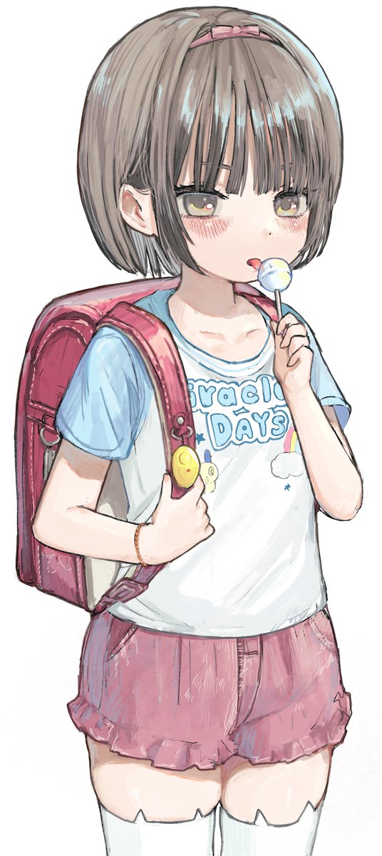 1girl animal_ear_legwear backpack bag blush candy cat_ear_legwear child chushui_(izumi617) clothes_writing crime_prevention_buzzer english_text food highres holding holding_candy holding_food holding_lollipop licking lollipop original raglan_sleeves randoseru red_bag shirt short_sleeves solo thighhighs white_thighhighs