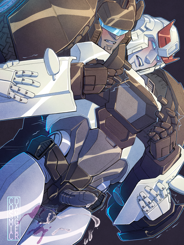 2boys bara blush couple cowboy_shot cum cum_on_body cum_on_legs dutch_angle erection frottage grabbing_from_behind happy_sex head_tilt jazz_(transformers) male_focus mecha mecha_focus multiple_boys projectile_cum prowl_(transformers) robot_penis standing thigh_sex transformers trembling uncensored weatherbane yaoi