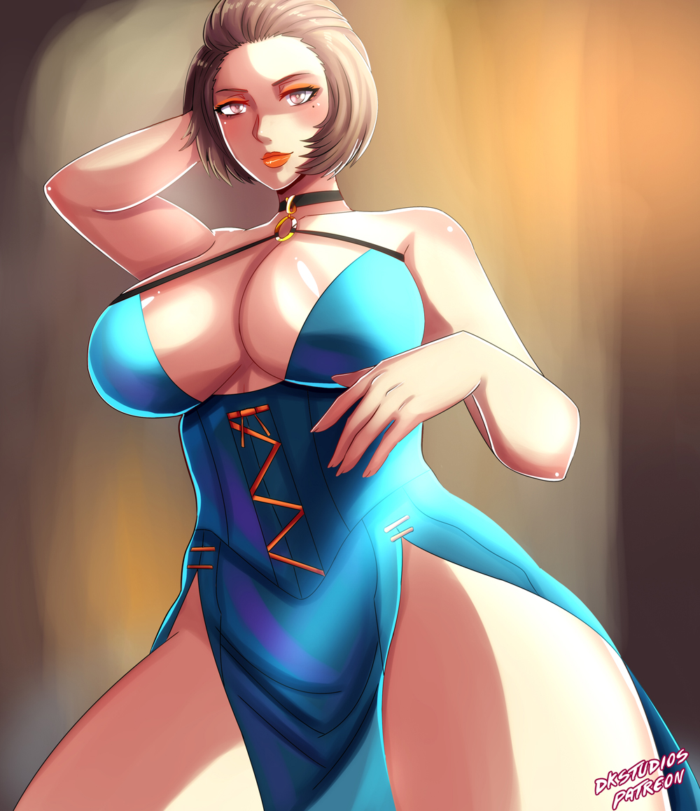 1girl bare_shoulders black_choker blush breasts brown_eyes brown_hair choker cleavage dkstudios05 dress eyeliner eyeshadow female_focus fire_emblem fire_emblem:_three_houses green_dress intelligent_systems large_breasts lipstick makeup manuela_casagranda mole mole_under_eye nintendo o-ring orange_eyeshadow orange_lips shiny_clothes shiny_skin short_hair solo thick_thighs thighs wide_hips