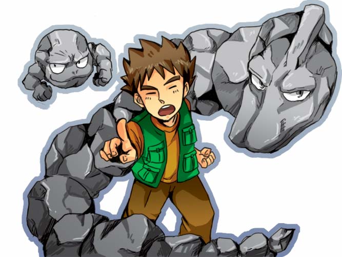 1boy black_eyes brock_(pokemon) closed_eyes game_freak gen_1_pokemon geodude grey_eyes hanawo_(slumpcat) jacket male_focus nintendo onix open_mouth pointing pokemon pokemon_(anime) pokemon_(classic_anime) pokemon_(creature) rock simple_background white_background