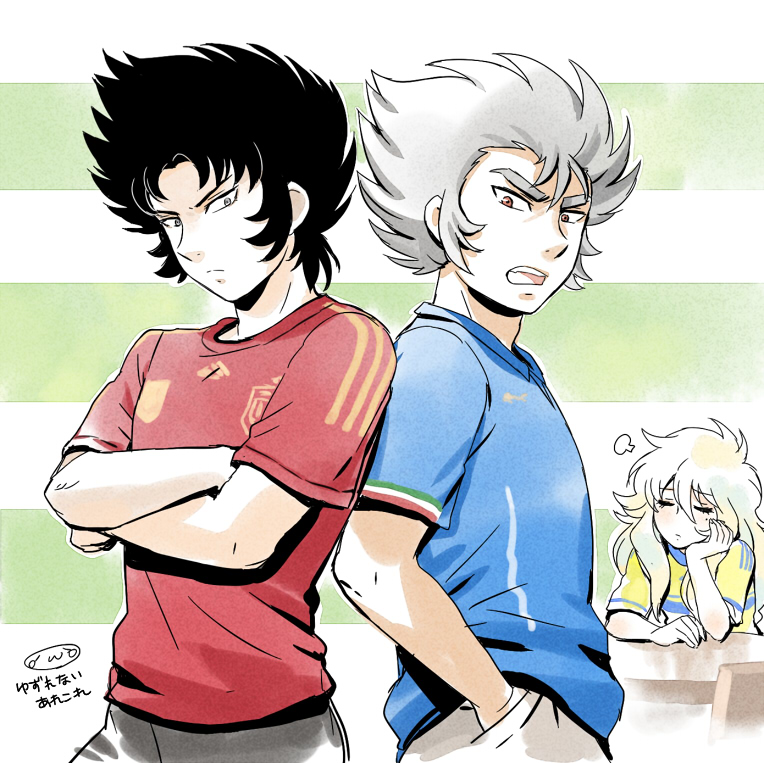 3boys alternate_costume black_hair blonde_hair blue_hair blue_shirt cancer_death_mask capricorn_shura chair closed_eyes cowboy_shot crossed_arms elbow_on_table frown grey_eyes hand_in_pocket hand_on_own_chin head_on_hand head_rest jersey long_hair looking_at_viewer male_focus mizuhara_aki multicolored_hair multiple_boys open_mouth pisces_aphrodite red_eyes red_shirt saint_seiya shirt short_hair short_sleeves sideburns sitting soccer_uniform spiked_hair sportswear table trap two-tone_hair v-shaped_eyebrows yellow_shirt