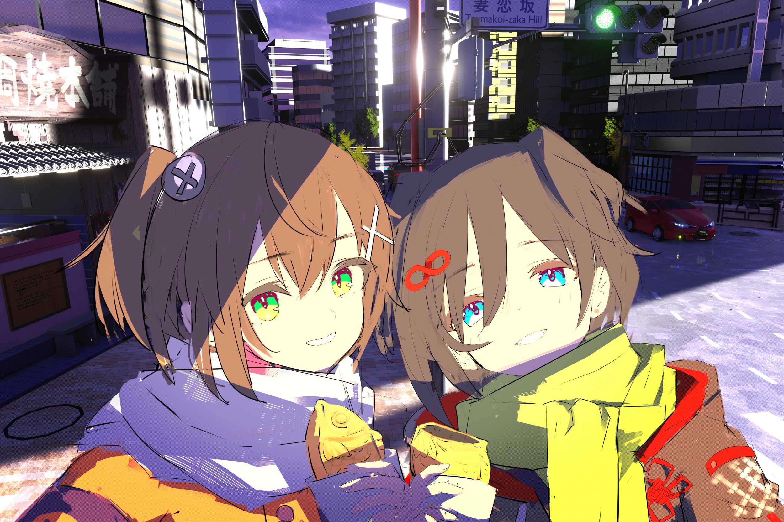 2girls blue_eyes brown_hair building city commentary_request denonbu food green_eyes grin gurumaruhana hair_between_eyes hidaka_reina_(denonbu) highres holding holding_food jacket looking_at_viewer multiple_girls ogami_matoi open_mouth orange_jacket outdoors scarf short_hair side_ponytail smile takoyaki upper_body white_scarf yellow_scarf